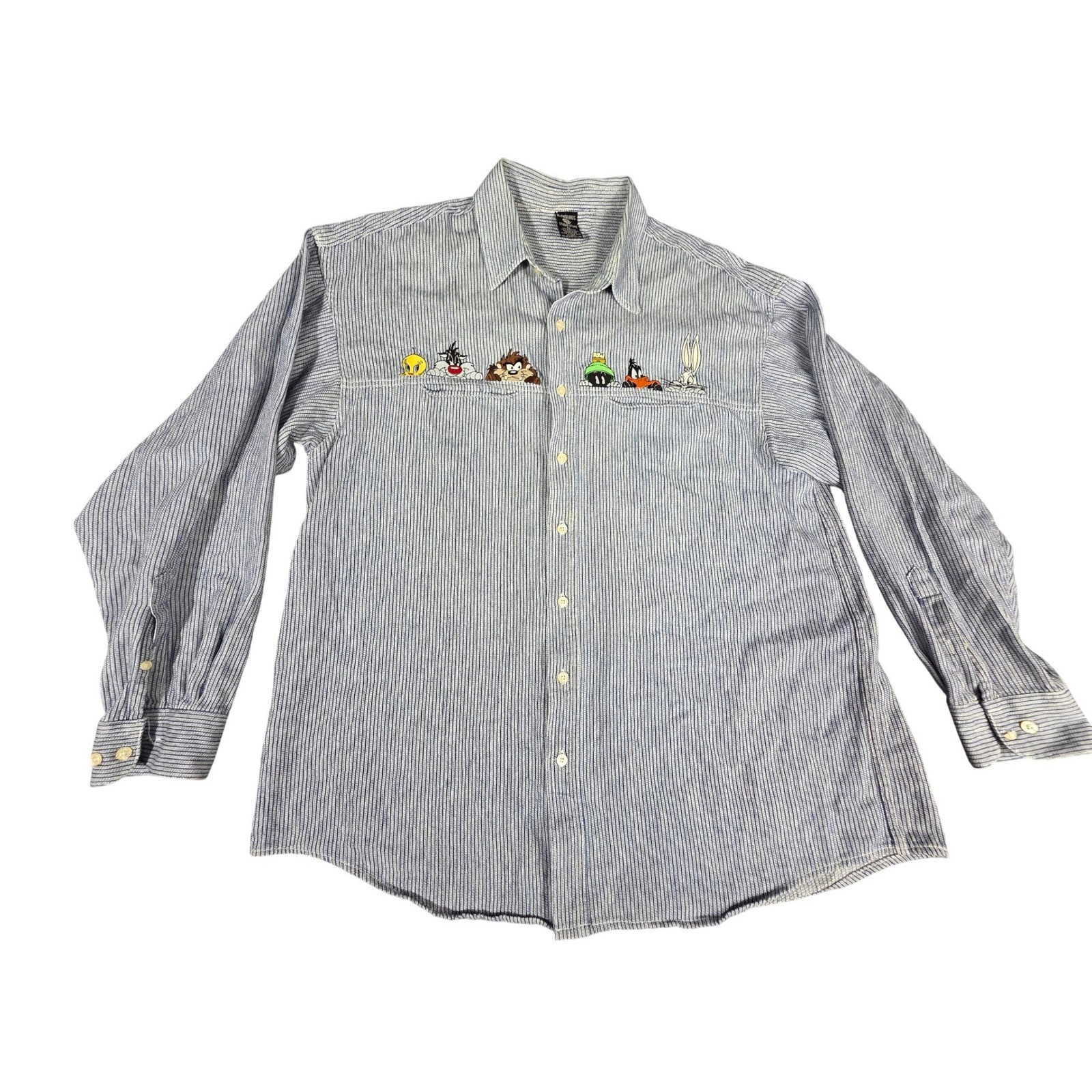 Vintage 90s Warner Bros Studio Store Looney Tunes Pinstripe Shirt Blue Xl Cotton